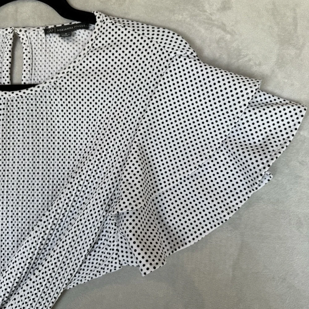 Adrianna Papell‎ Blouse Top Womens Small White Polka Dot Flutter Sleeve Elegant